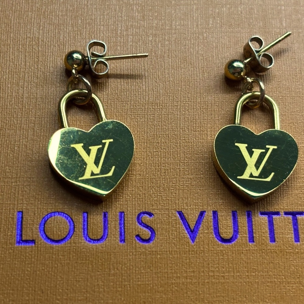 Louis Vuitton Gold Heart Monogram Padlock Earrings - Picture 9 of 11